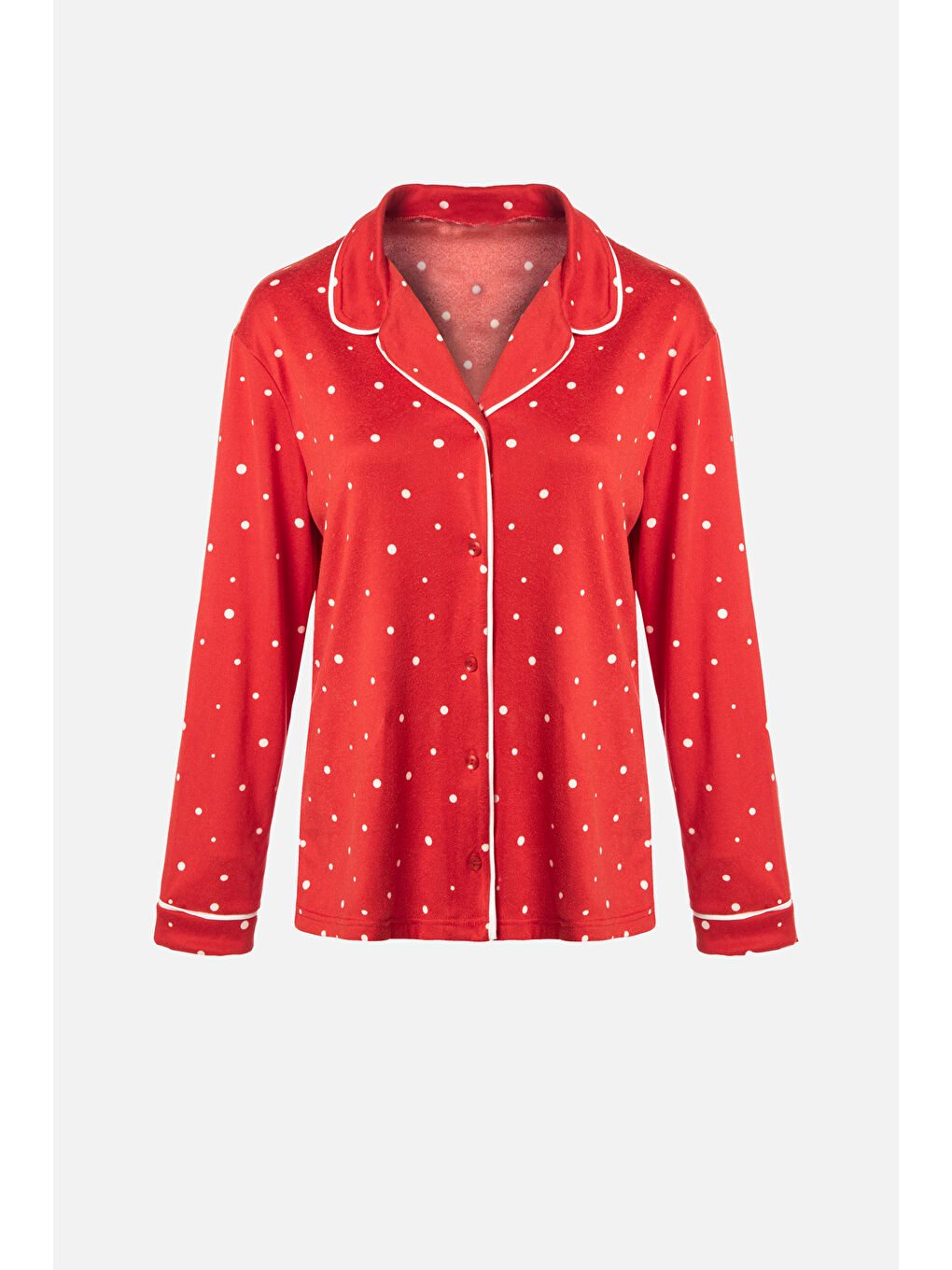 Kadın Soft Touch Kırmızı Puanlı Desenli Gömlek Yaka Uzun Kollu Pijama Takımı-1