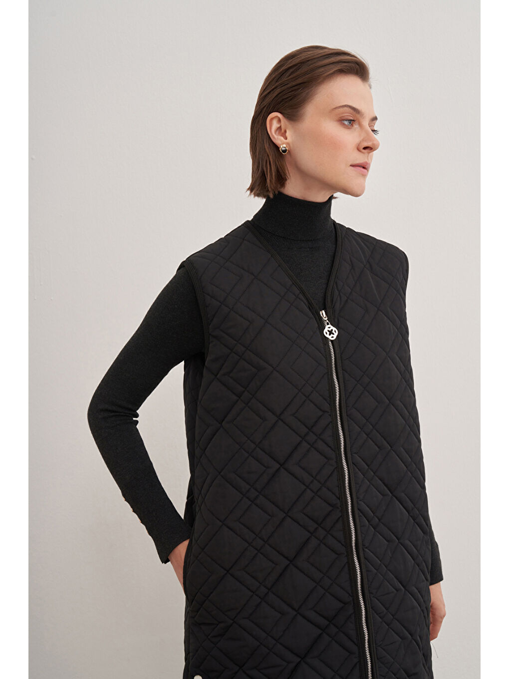 Siyah 9142111 Fermuarlı V Yaka Yelek-3