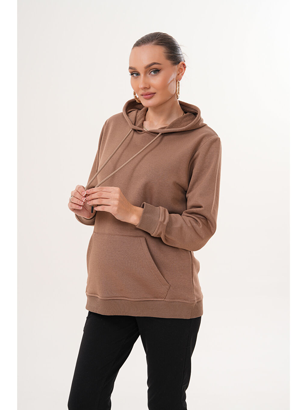 Kahverengi %100 Pamuk Hamile ve Lohusa Basic Kapüşonlu Sweatshirt-3