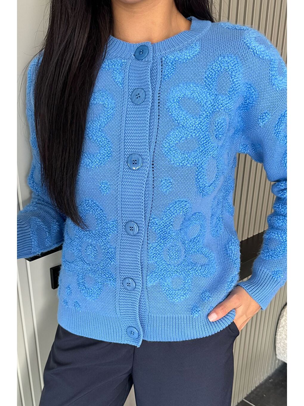 İndigo Çiçek Desenli Triko Ceket-2