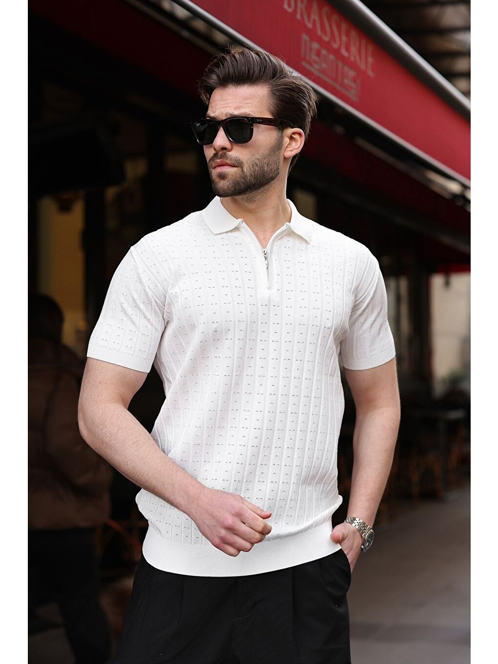 Beyaz Polo Yaka Slim Fit Triko Erkek Tişört E7465-1