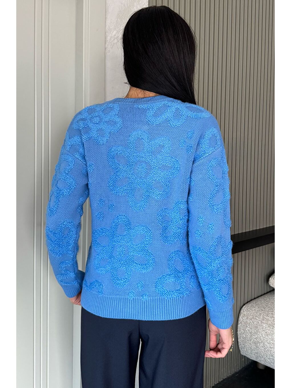 İndigo Çiçek Desenli Triko Ceket-3