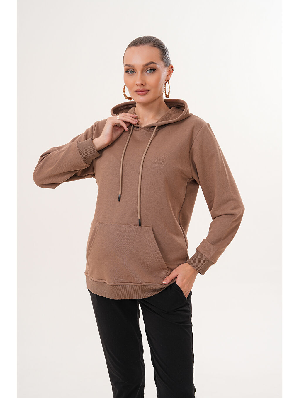 Kahverengi %100 Pamuk Hamile ve Lohusa Basic Kapüşonlu Sweatshirt-4