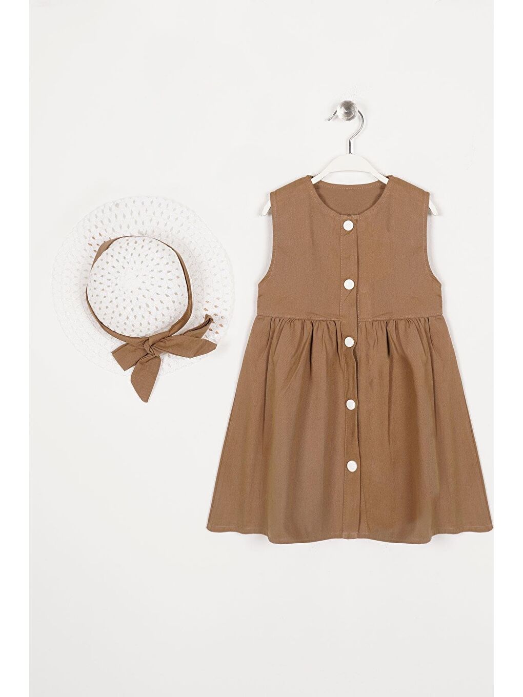 Bisiklet Yaka Sıfır Kol Çıtçıt Düğmeli Şapkalı Kahverengi Renk Kız Çocuk Elbise