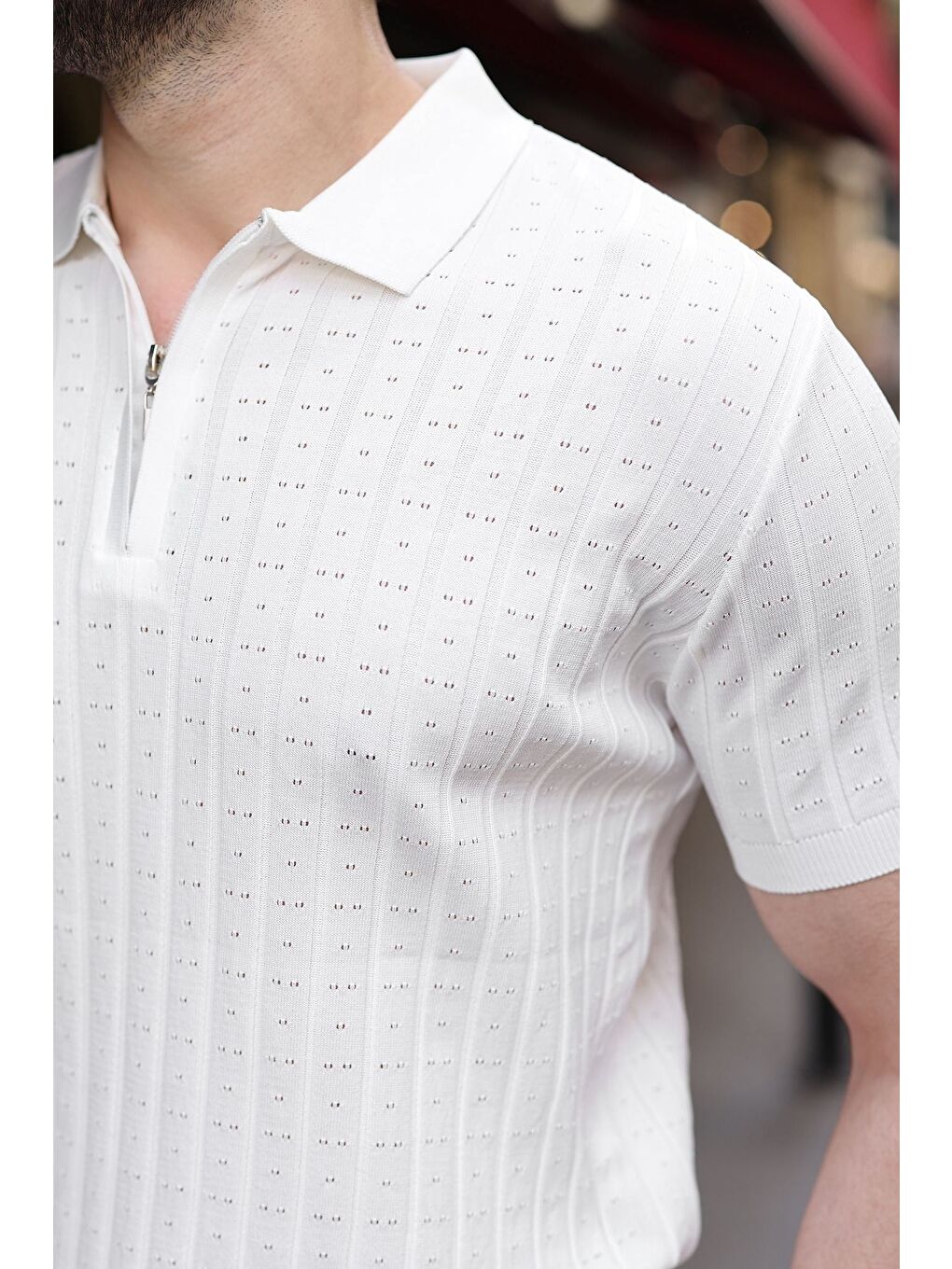 Beyaz Polo Yaka Slim Fit Triko Erkek Tişört E7465-2