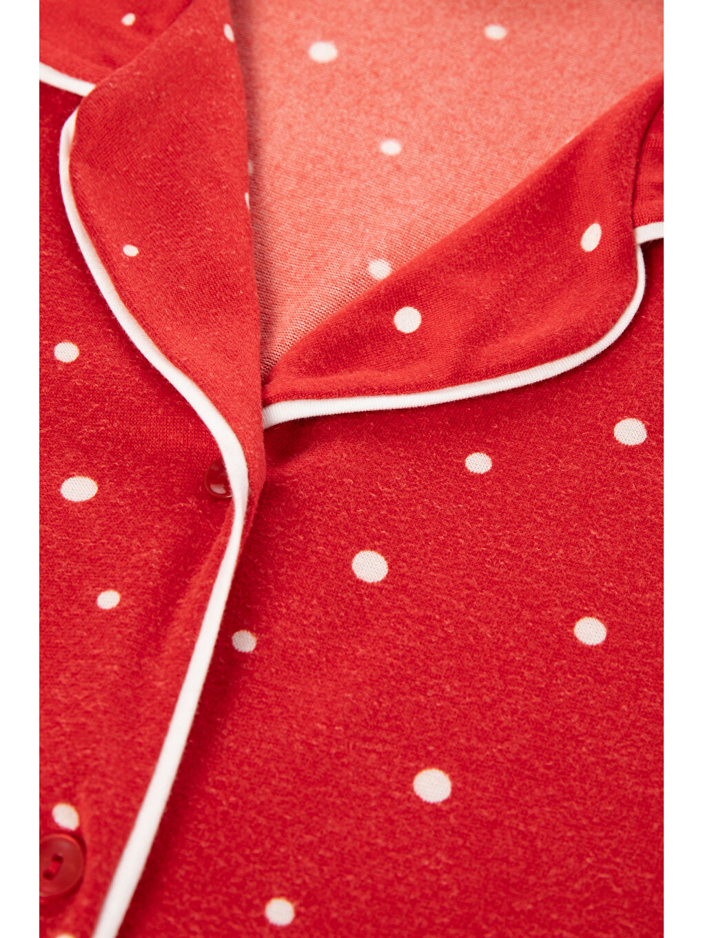 Kadın Soft Touch Kırmızı Puanlı Desenli Gömlek Yaka Uzun Kollu Pijama Takımı-3