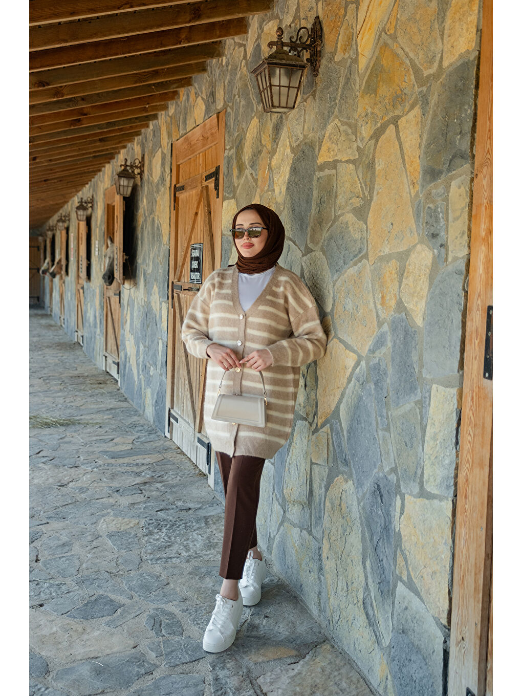 Bej Kadın Çizgili Uzun Triko Ceket Vizon-1