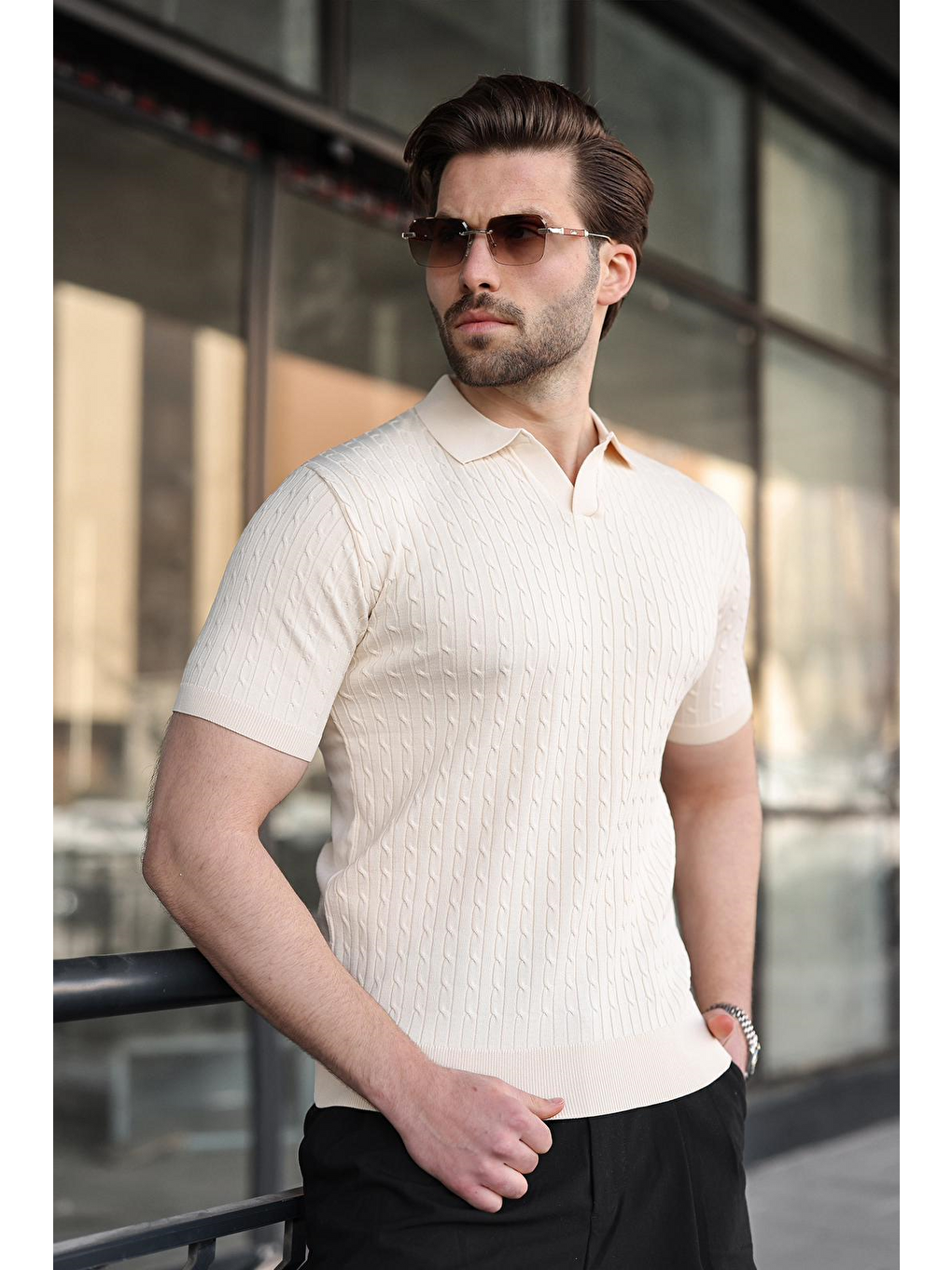Bej Taş Rengi Slim Fit Polo Yaka Triko Erkek Tişört E7472-4