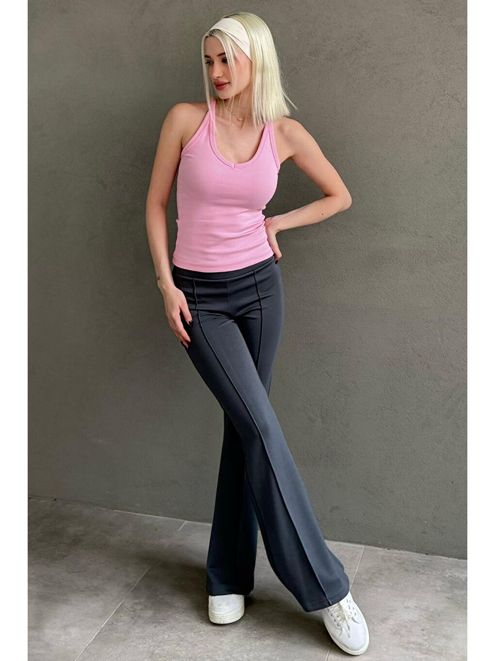 Gri Füme Yüksek Bel Flare Paça Günlük Kadın Pantolon Mg2645-1