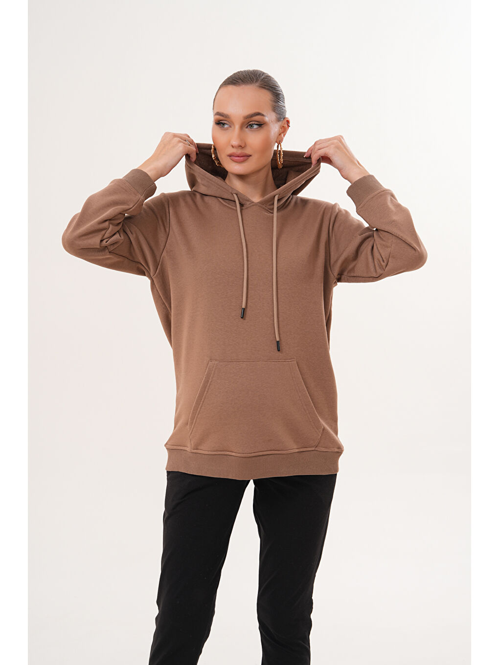 Kahverengi %100 Pamuk Hamile ve Lohusa Basic Kapüşonlu Sweatshirt-5