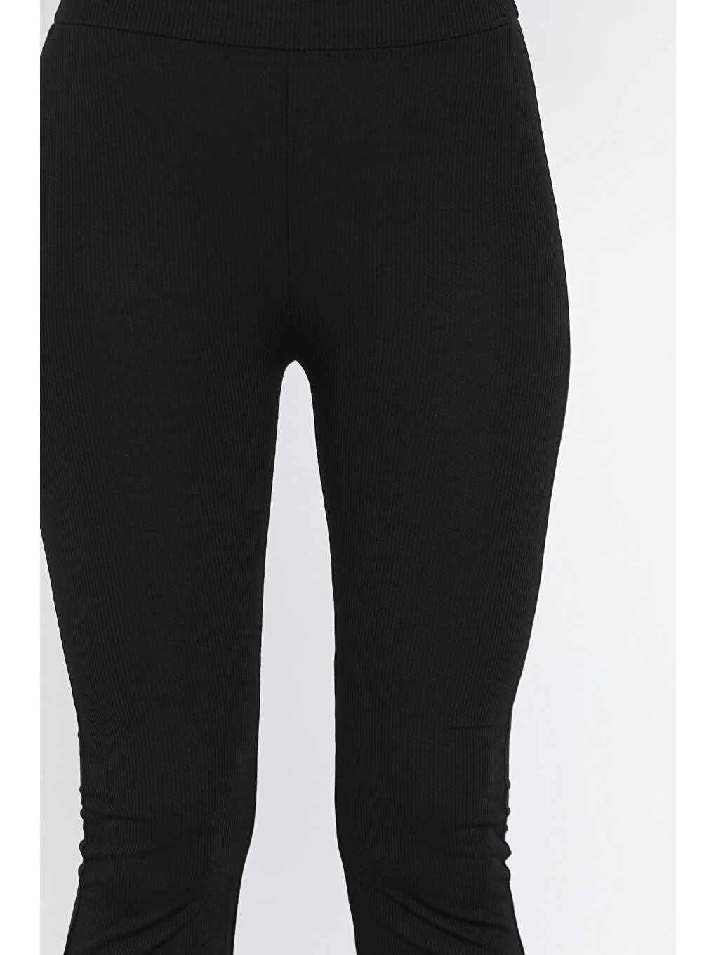 Siyah Kadın Yüksek Bel İspanyol Paça Fitilli Tayt-3