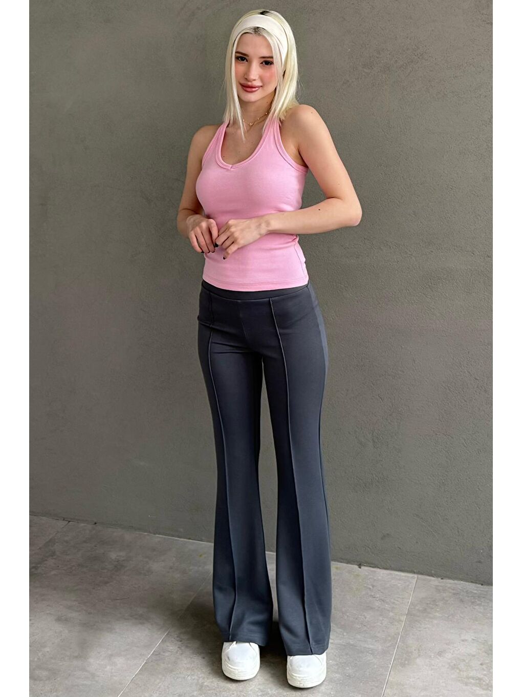 Gri Füme Yüksek Bel Flare Paça Günlük Kadın Pantolon Mg2645-2