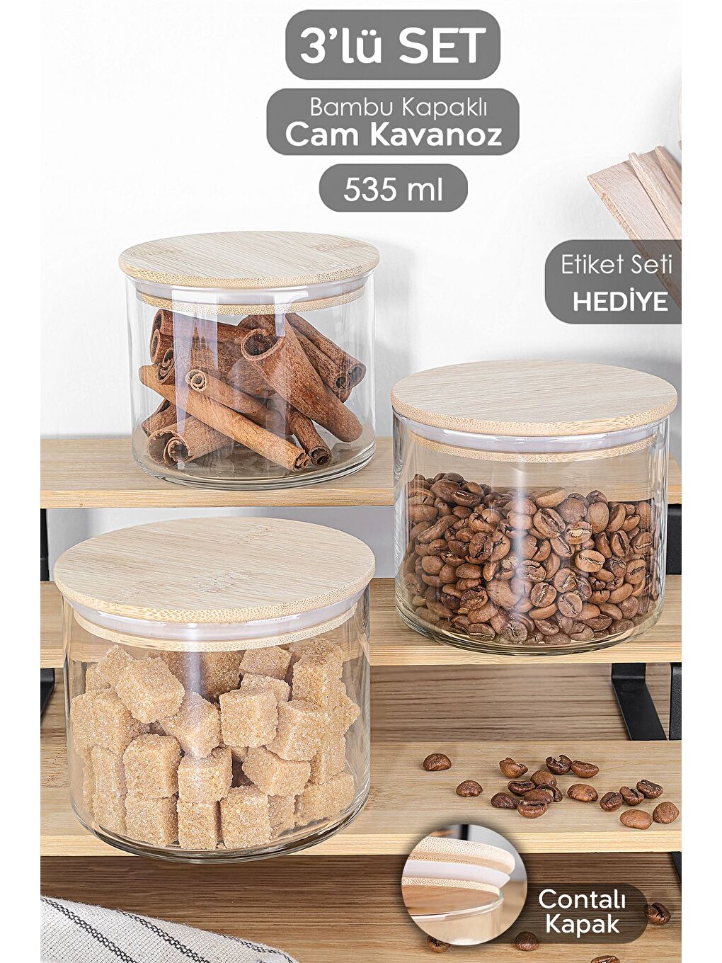 Renksiz 3'lü Bambu Kapak Cam Saklama Kabı Etiketli Vakum Kapaklı Erzak Baharat Cam Baharatlık 535 ml