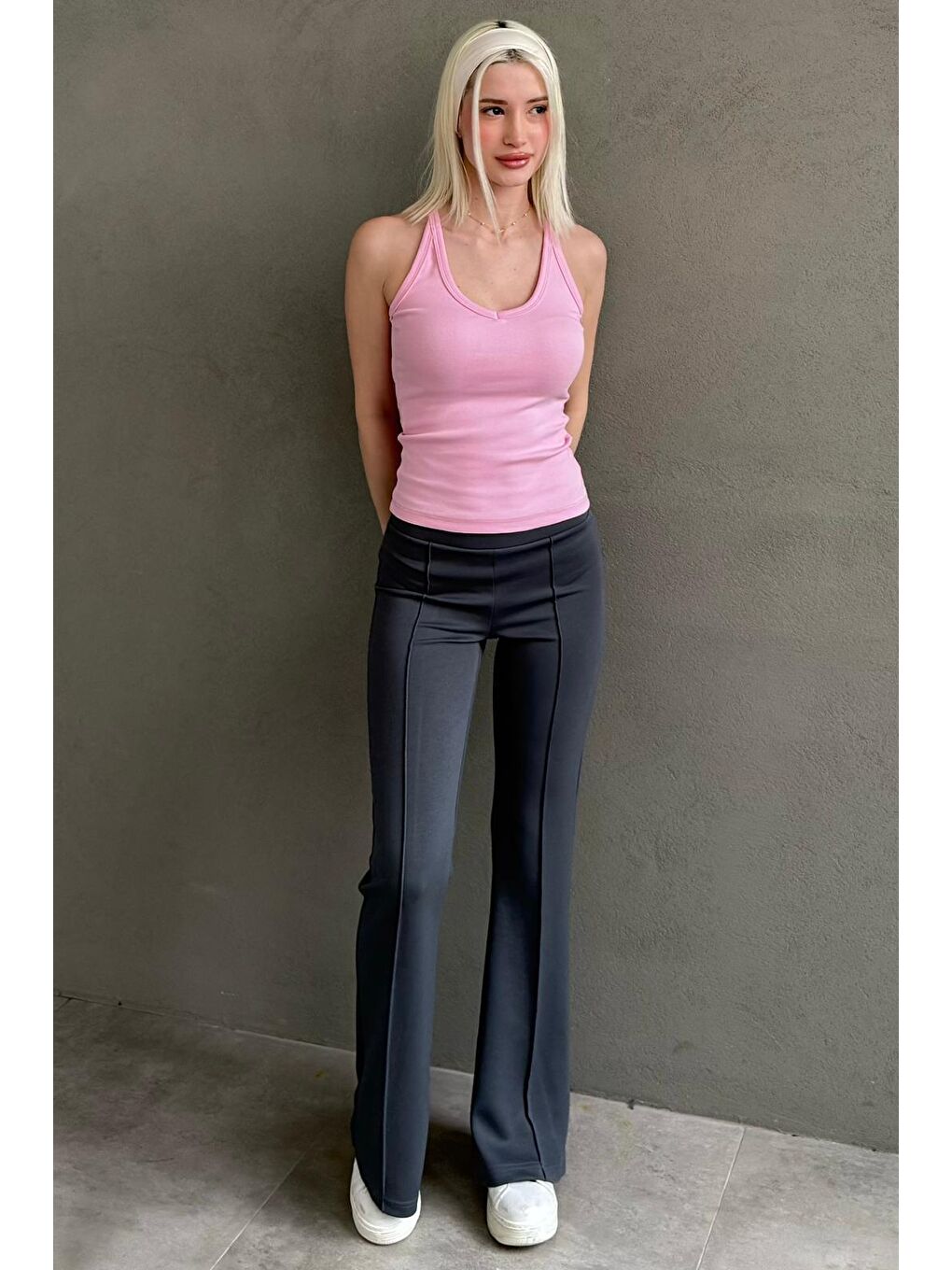 Gri Füme Yüksek Bel Flare Paça Günlük Kadın Pantolon Mg2645-3