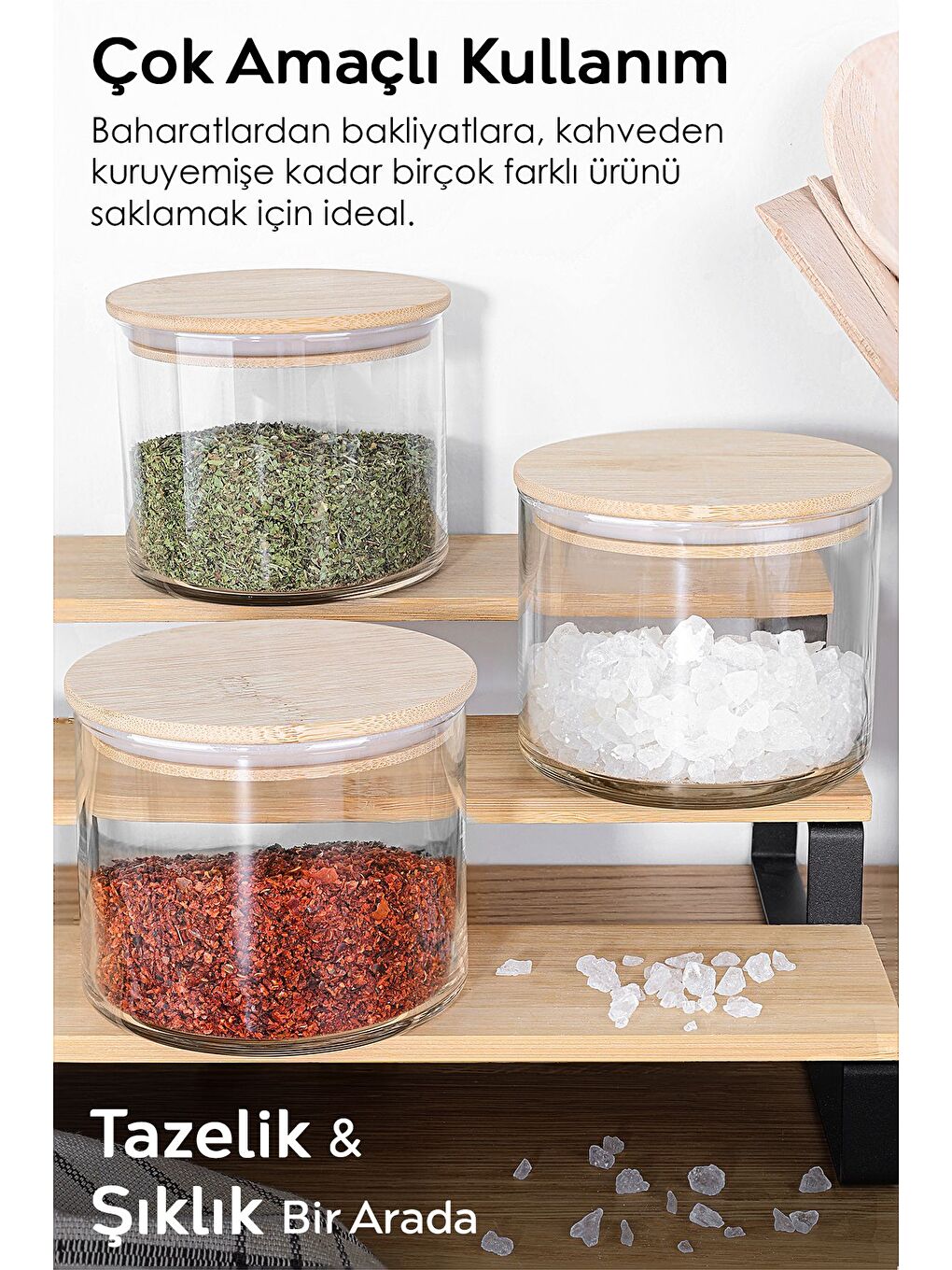 Renksiz 3'lü Bambu Kapak Cam Saklama Kabı Etiketli Vakum Kapaklı Erzak Baharat Cam Baharatlık 535 ml-2