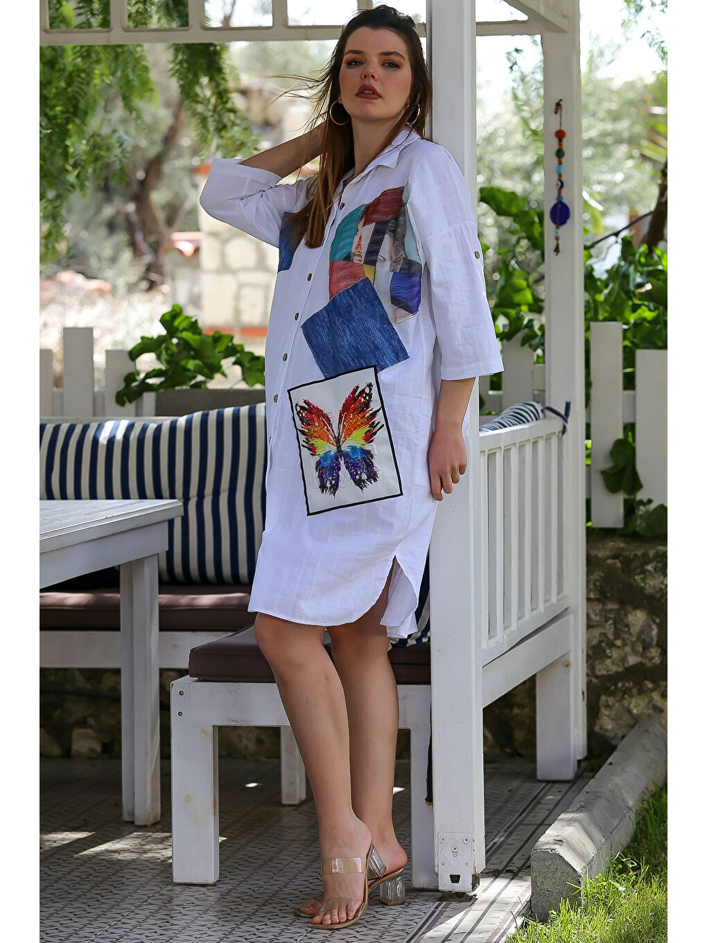 İtalyan Beyaz Gömlek Yaka Düğmeli 3/4 Kol Cepli Aplikeli Casual Viskon Dokuma Elbise 105 70