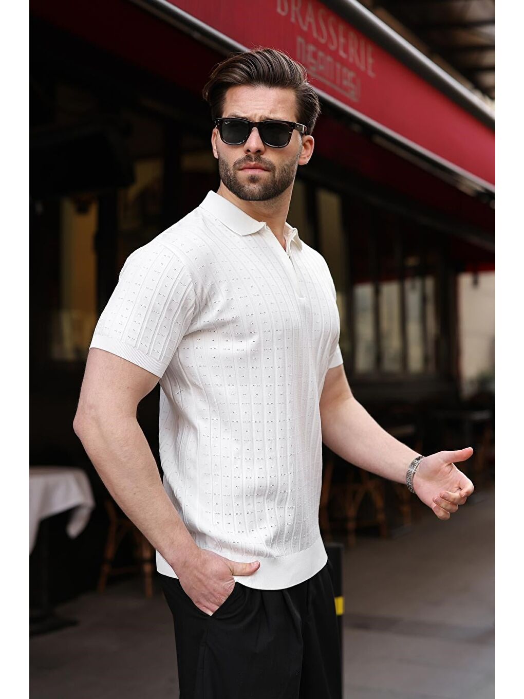 Beyaz Polo Yaka Slim Fit Triko Erkek Tişört E7465-4