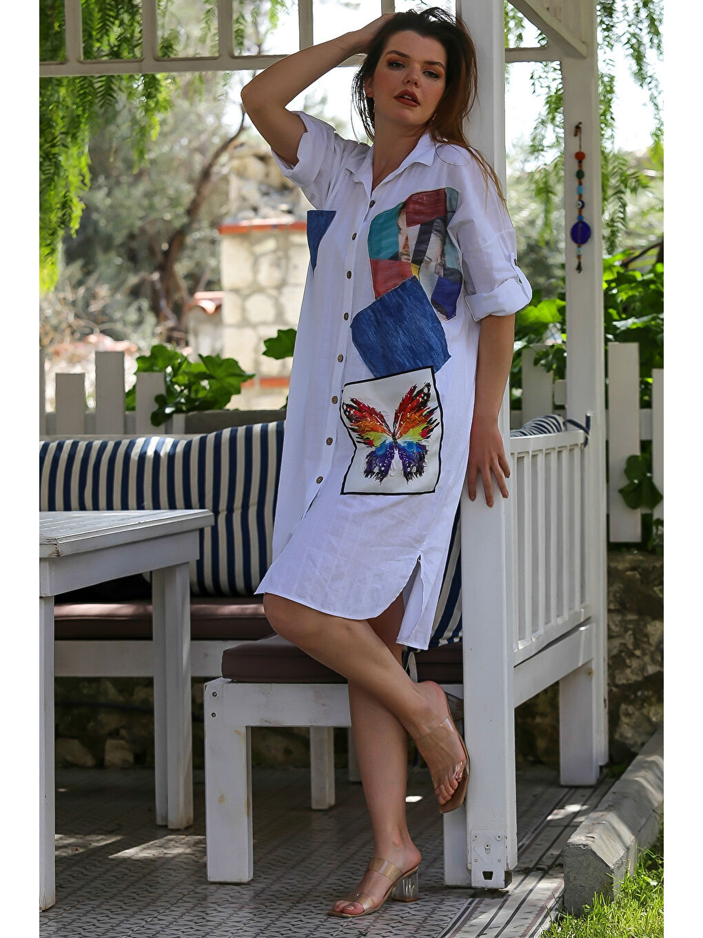 İtalyan Beyaz Gömlek Yaka Düğmeli 3/4 Kol Cepli Aplikeli Casual Viskon Dokuma Elbise 105 70-1