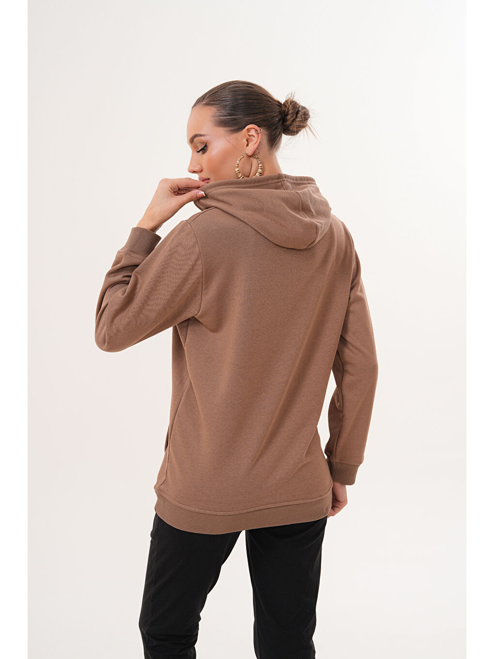 Kahverengi %100 Pamuk Hamile ve Lohusa Basic Kapüşonlu Sweatshirt-6