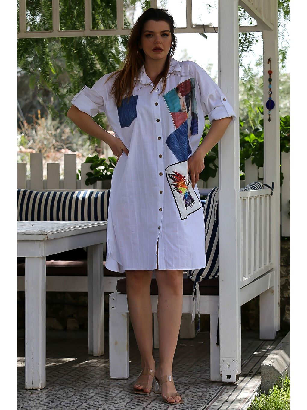 İtalyan Beyaz Gömlek Yaka Düğmeli 3/4 Kol Cepli Aplikeli Casual Viskon Dokuma Elbise 105 70-4