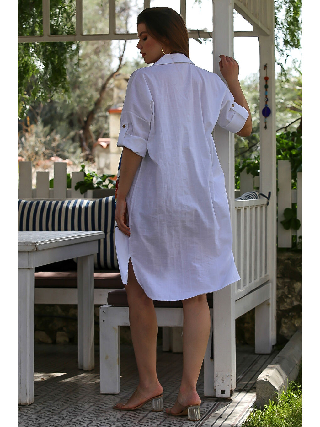 İtalyan Beyaz Gömlek Yaka Düğmeli 3/4 Kol Cepli Aplikeli Casual Viskon Dokuma Elbise 105 70-5