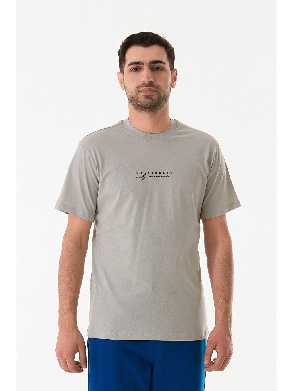 Bej Kabartma Baskılı Bisiklet Yaka Tişört