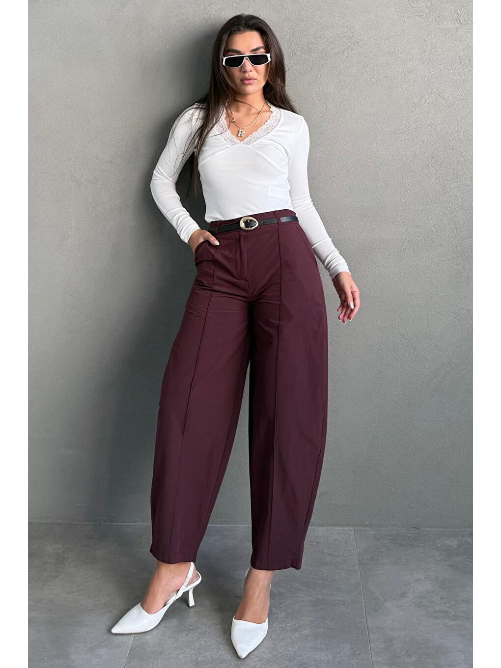 Mürdüm Modern Kesim Kemerli Yüksek Bel Bol Paça Kumaş Pantolon Mg2618-1