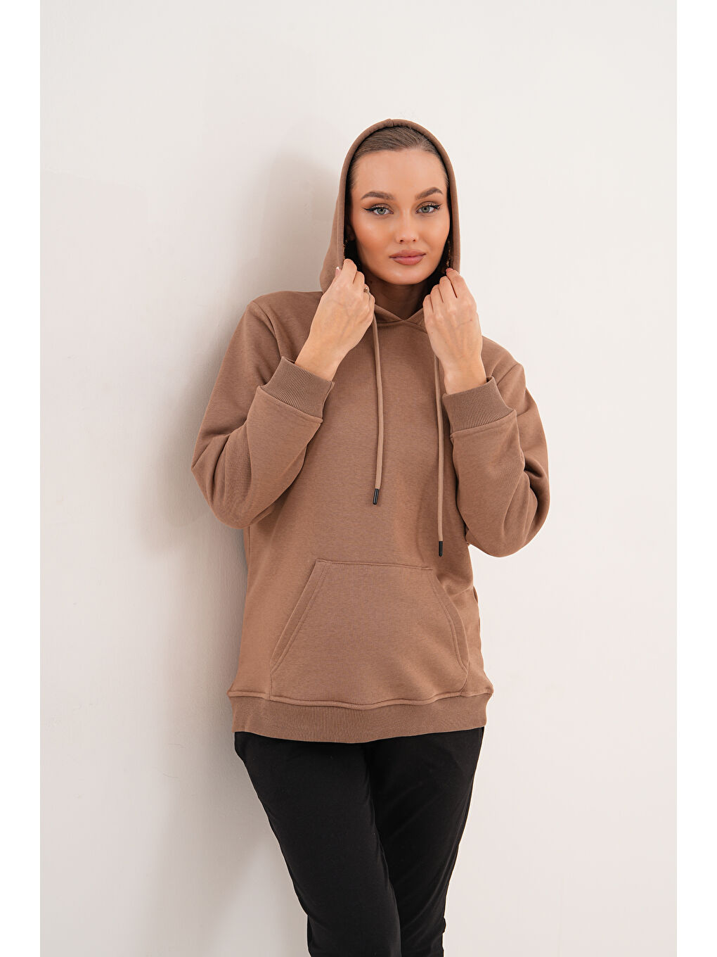 Kahverengi %100 Pamuk Hamile ve Lohusa Basic Kapüşonlu Sweatshirt-7