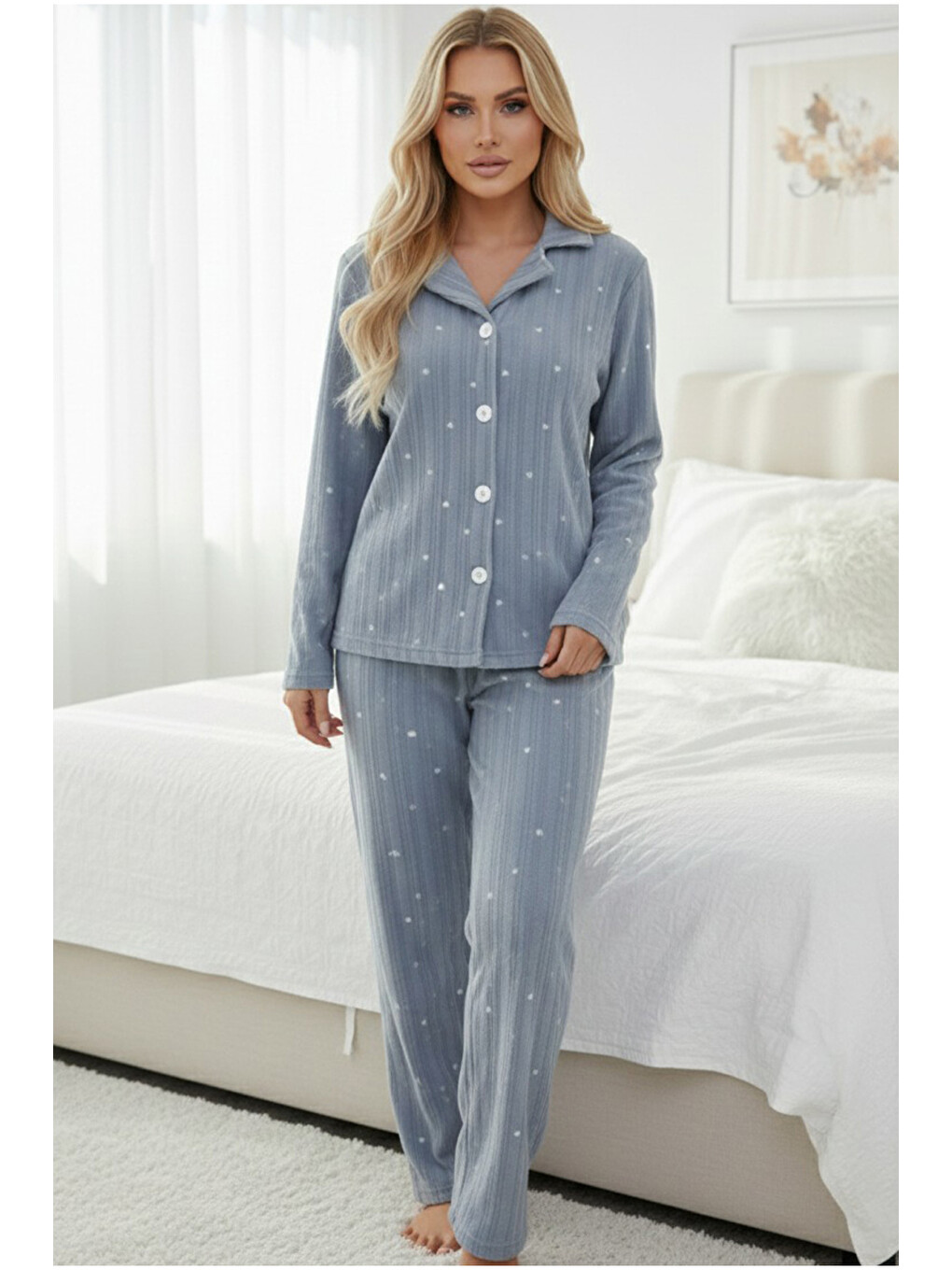 Mavi Desenli Düğmeli Polar Kışlık Örme Pijama Takım-1