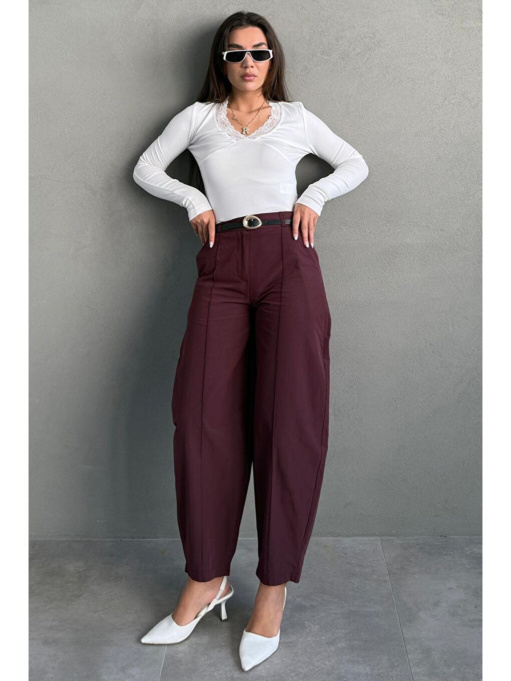 Mürdüm Modern Kesim Kemerli Yüksek Bel Bol Paça Kumaş Pantolon Mg2618-2