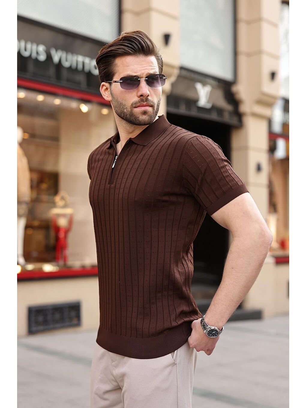 Kahverengi Polo Yaka Slim Fit Triko Erkek Tişört E7465