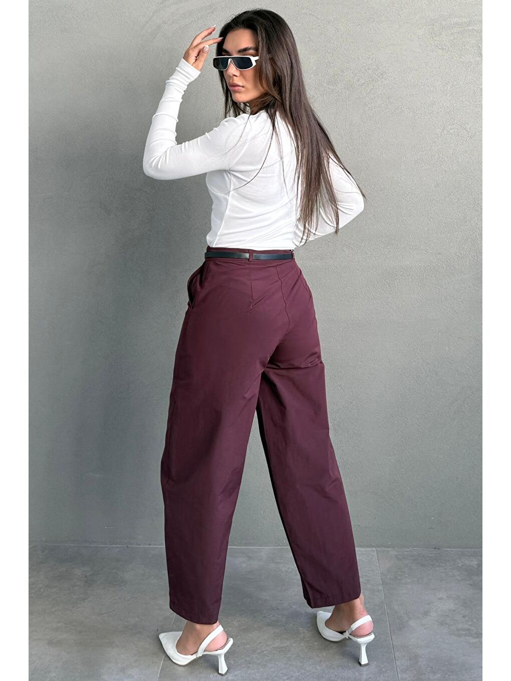 Mürdüm Modern Kesim Kemerli Yüksek Bel Bol Paça Kumaş Pantolon Mg2618-3