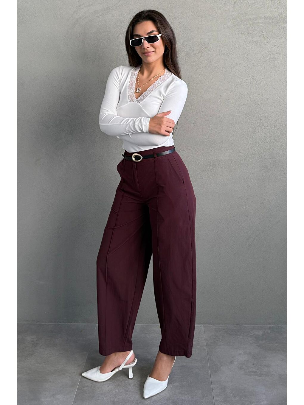 Mürdüm Modern Kesim Kemerli Yüksek Bel Bol Paça Kumaş Pantolon Mg2618-4