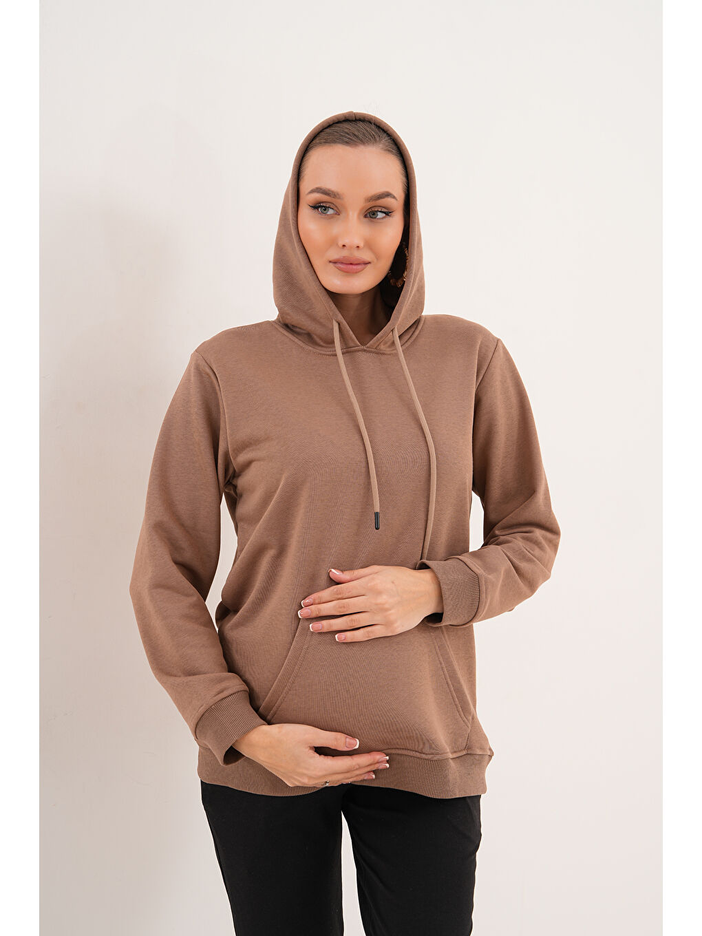 Kahverengi %100 Pamuk Hamile ve Lohusa Basic Kapüşonlu Sweatshirt-8