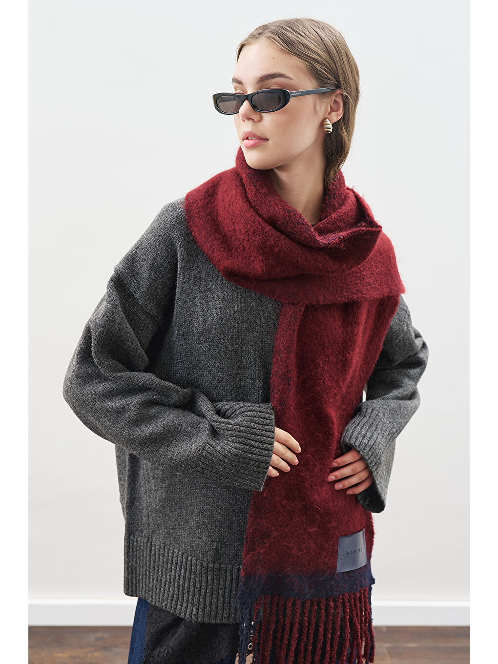 Şerit Detaylı Atkı Bordo-1