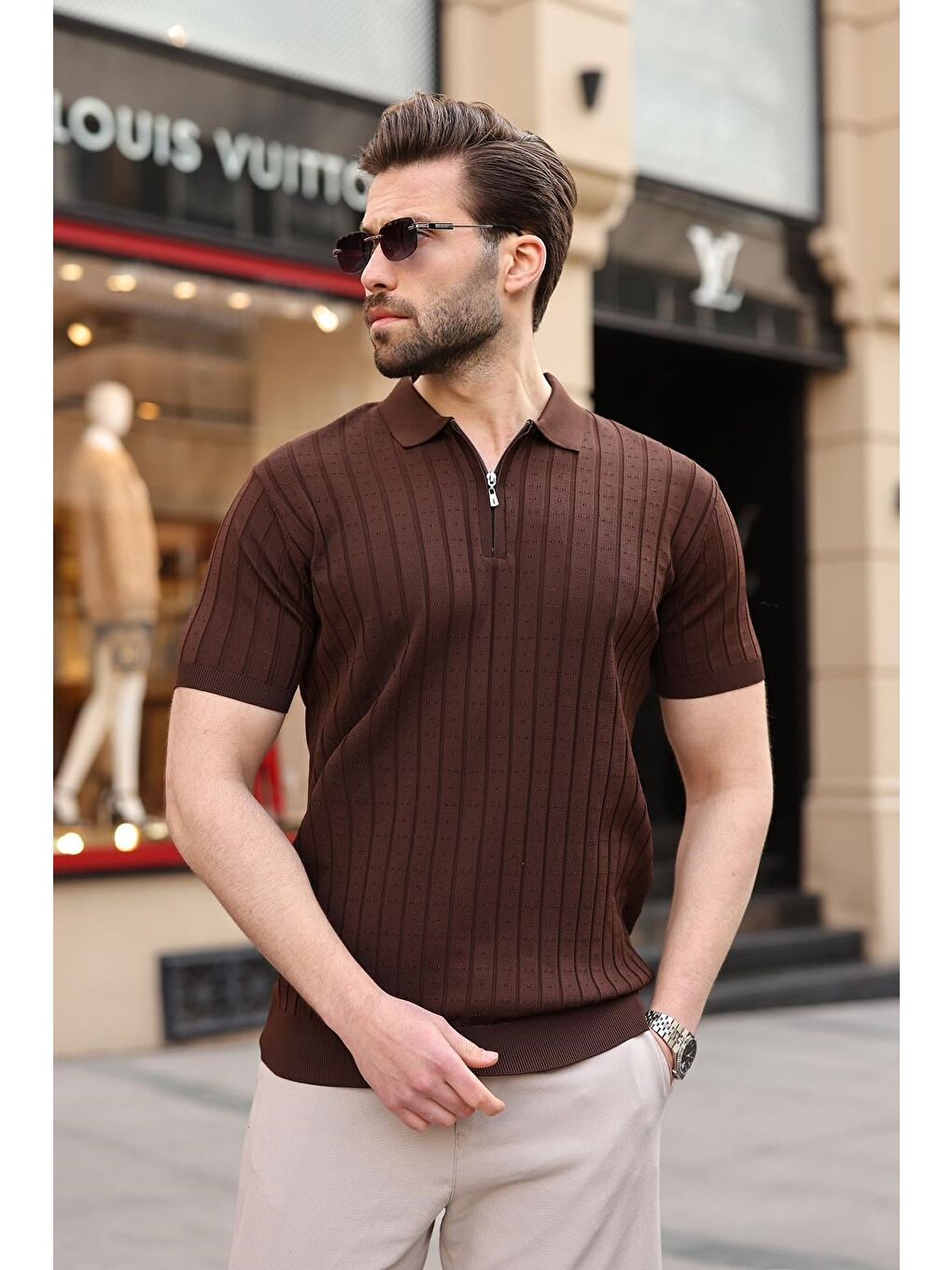 Kahverengi Polo Yaka Slim Fit Triko Erkek Tişört E7465-1