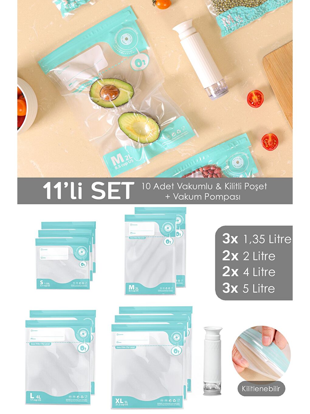 Renksiz 11 Parça Vaku mlu Gıda Saklama Torbası Seti Vakum Pompalı Kilitli Hava Almaz Vaku mlu Poşet