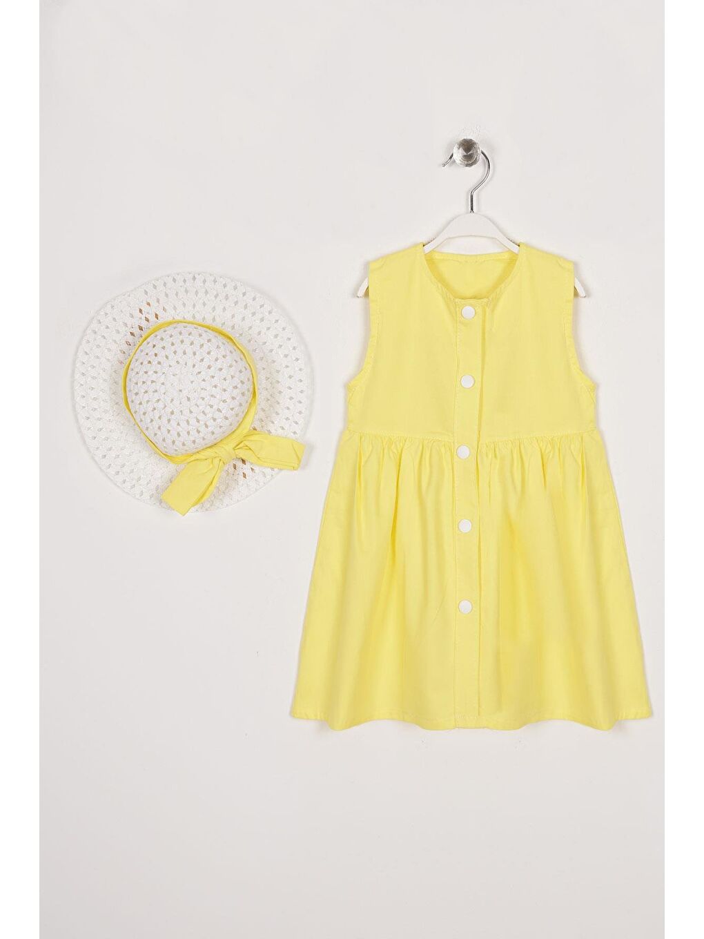 Bisiklet Yaka Sıfır Kol Çıtçıt Düğmeli Şapkalı Sarı Renk Kız Çocuk Elbise