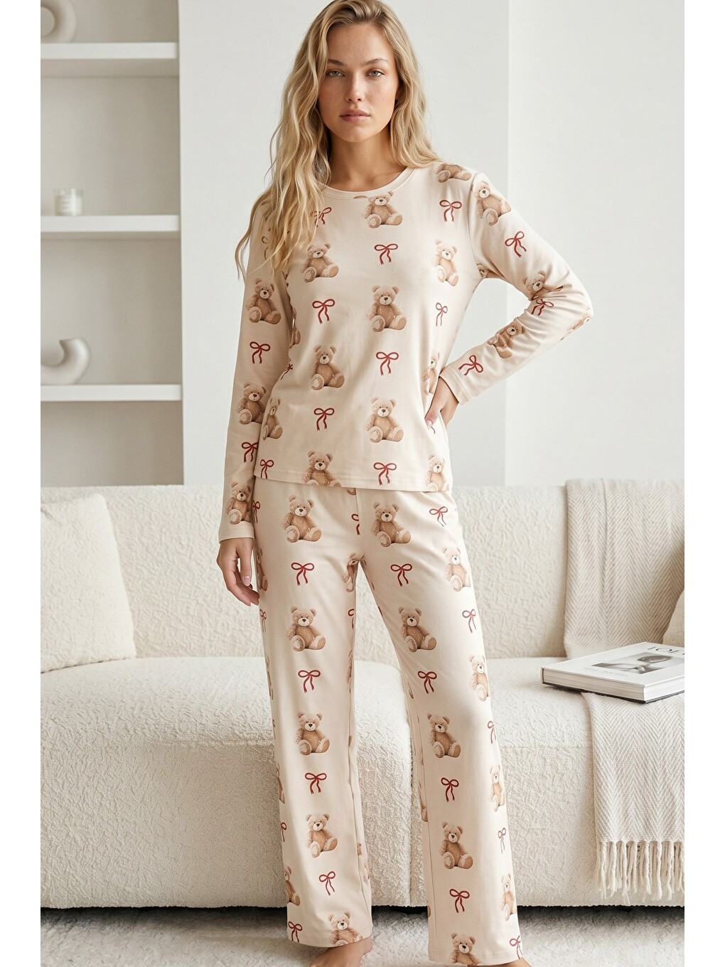 Ekru Pamuklu Elastanlı Örme Pijama Takım26240318-1
