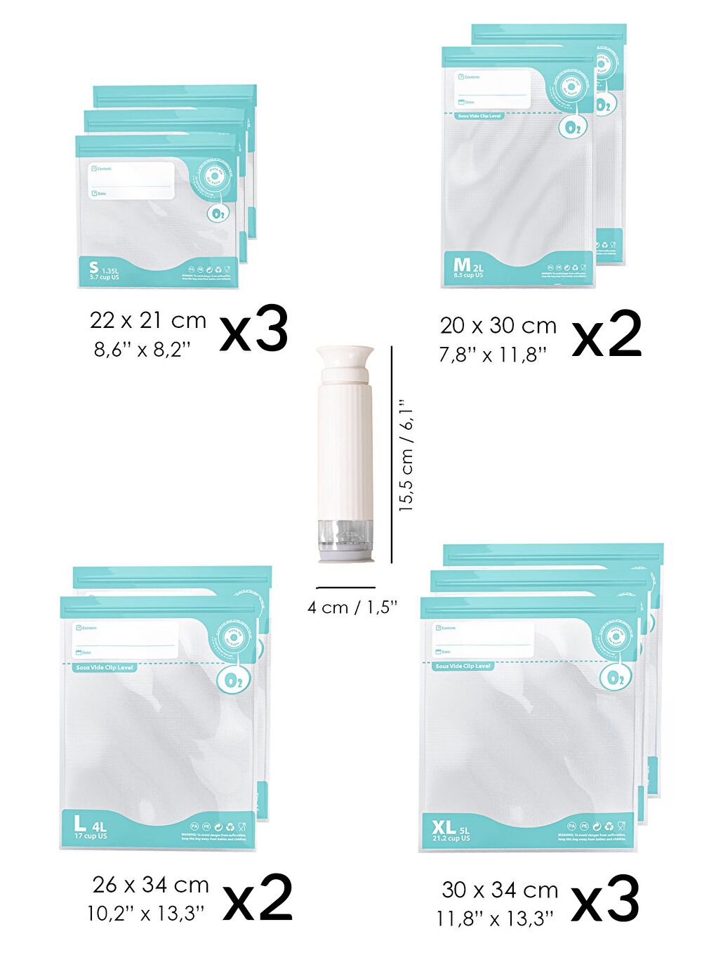 Renksiz 11 Parça Vaku mlu Gıda Saklama Torbası Seti Vakum Pompalı Kilitli Hava Almaz Vaku mlu Poşet-7
