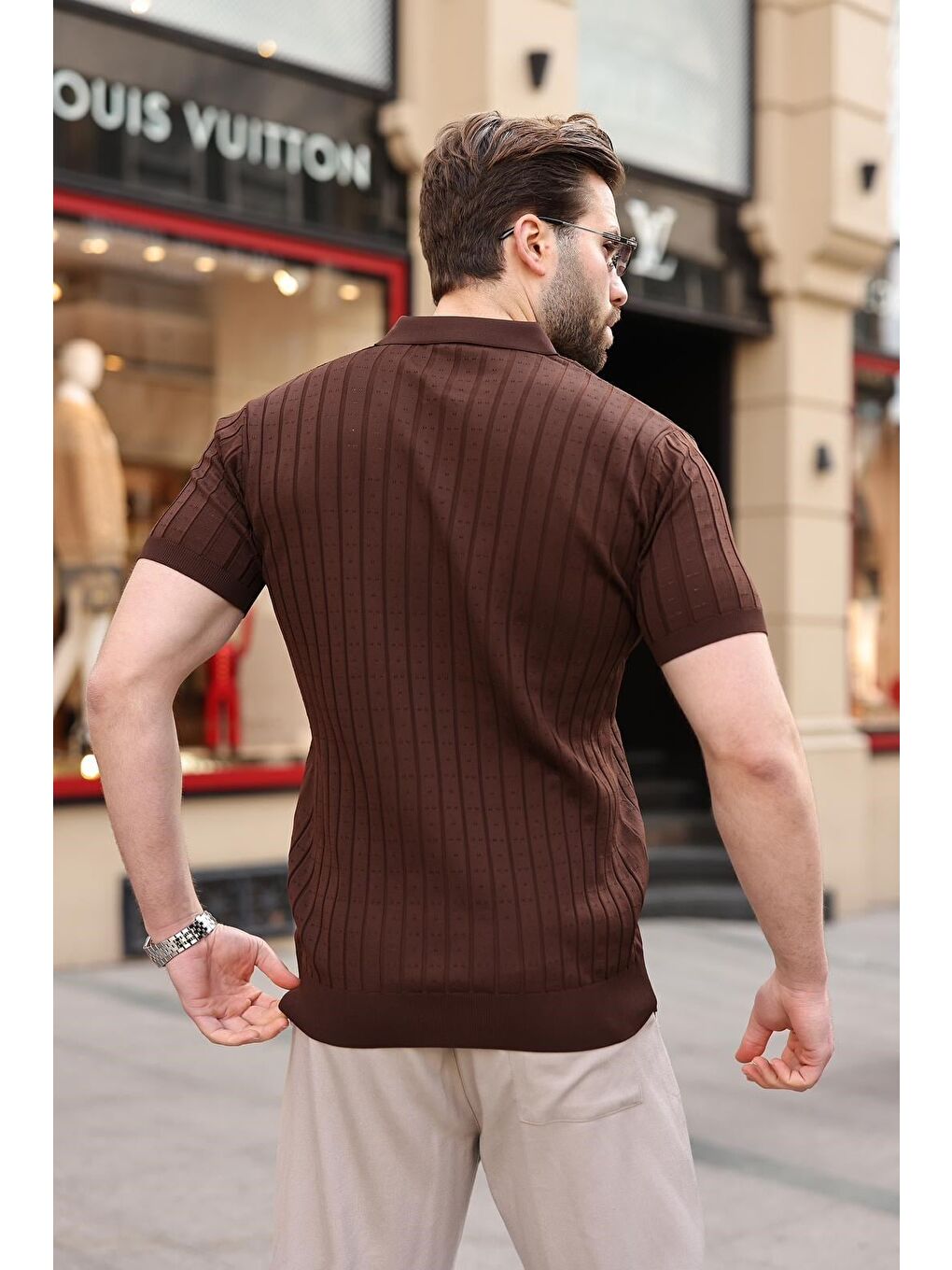 Kahverengi Polo Yaka Slim Fit Triko Erkek Tişört E7465-2