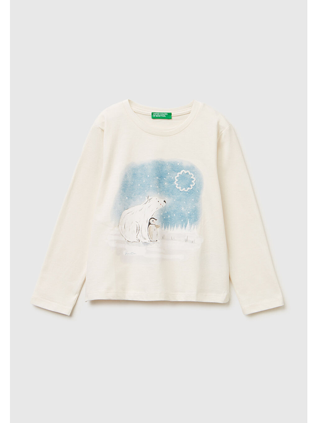 Kız Çocuk Ekru Önü Baskılı Hafif Kloş Bisiklet Yaka Uzun Kollu T-shirt