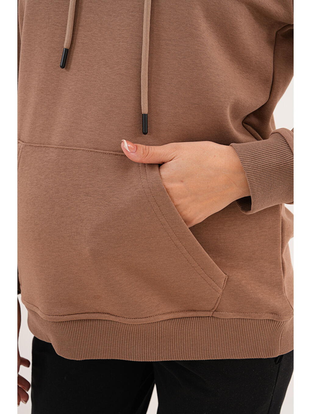 Kahverengi %100 Pamuk Hamile ve Lohusa Basic Kapüşonlu Sweatshirt-9