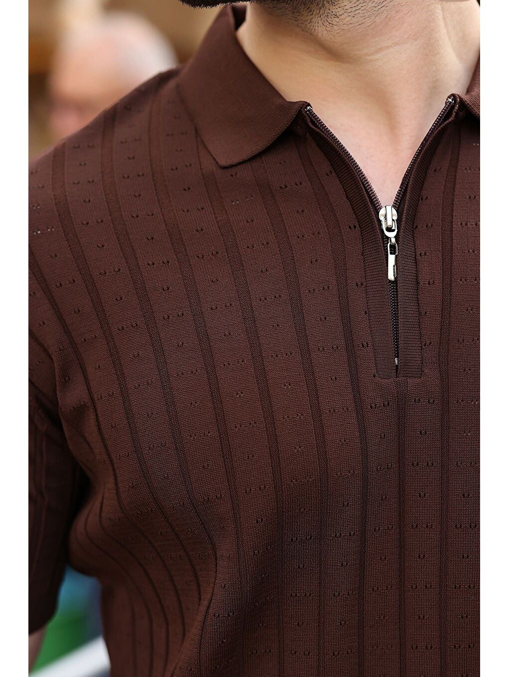 Kahverengi Polo Yaka Slim Fit Triko Erkek Tişört E7465-3
