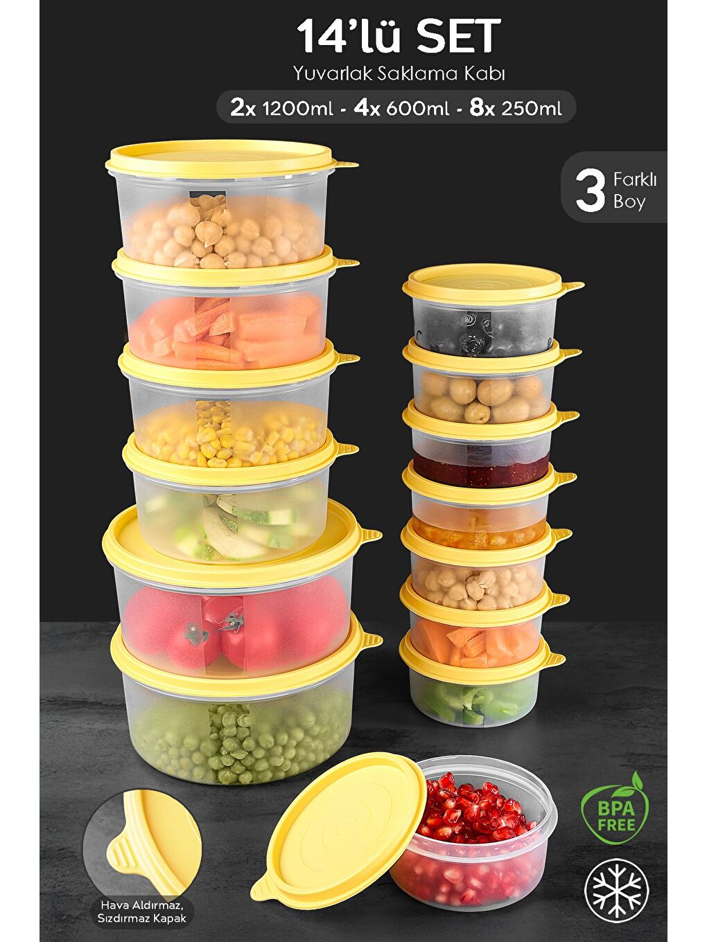 14'lü Yuvarlak Gıda Saklama Kabı Seti 8x250 4x600 2x1200 ml Sarı