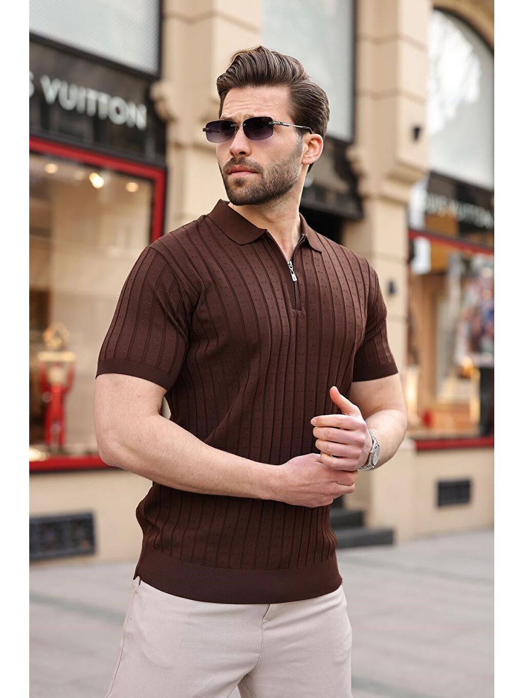 Kahverengi Polo Yaka Slim Fit Triko Erkek Tişört E7465-4