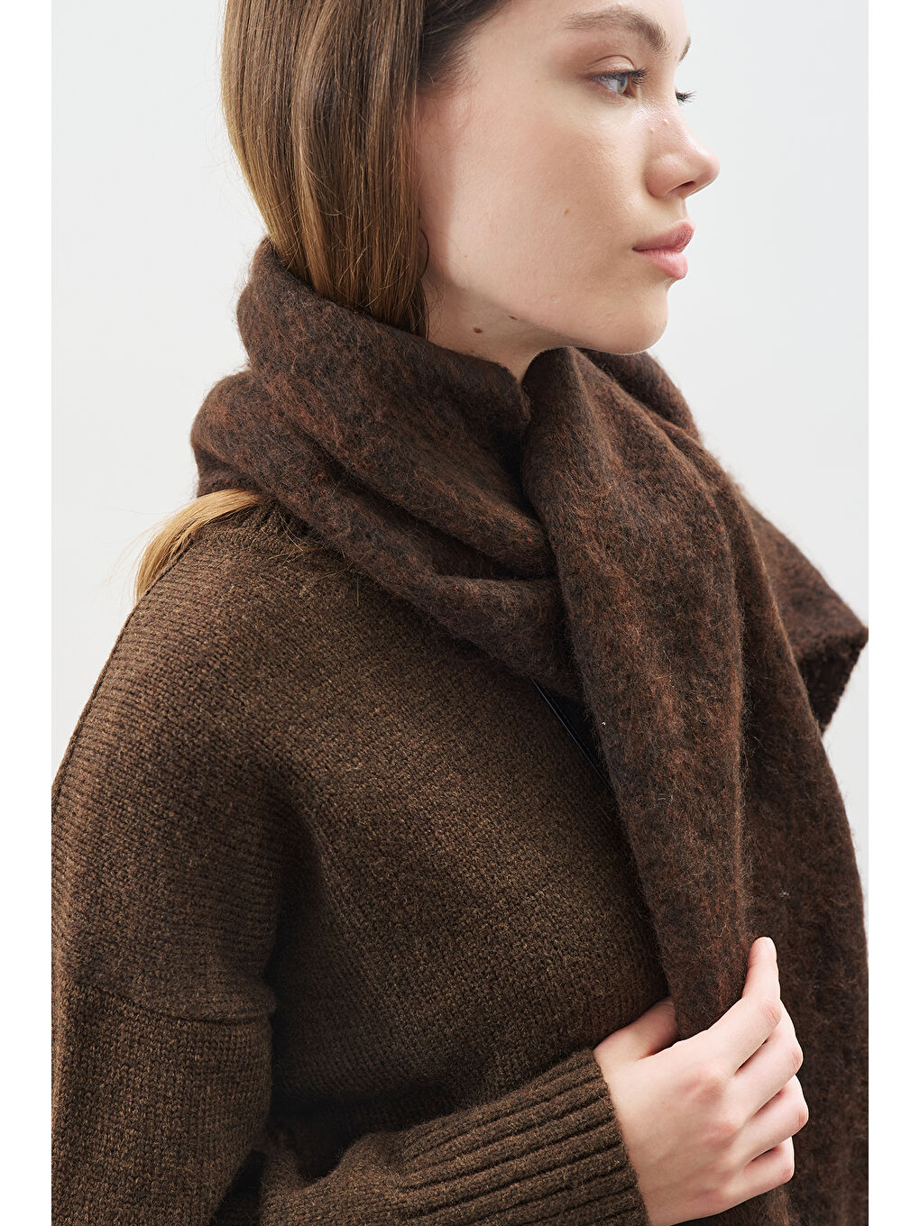 Şerit Detaylı Atkı Kahverengi-2