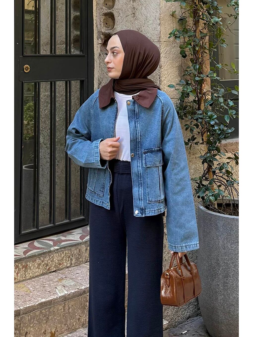 Çıtçıtlı Denim Ceket Acı Kahverengi-1