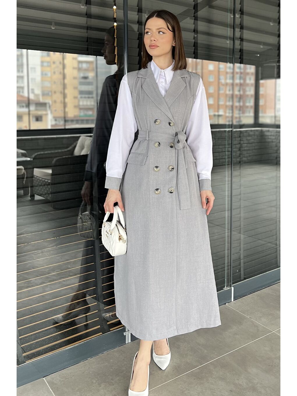 Gri Kadın Gömlek Elbise İkili Takım