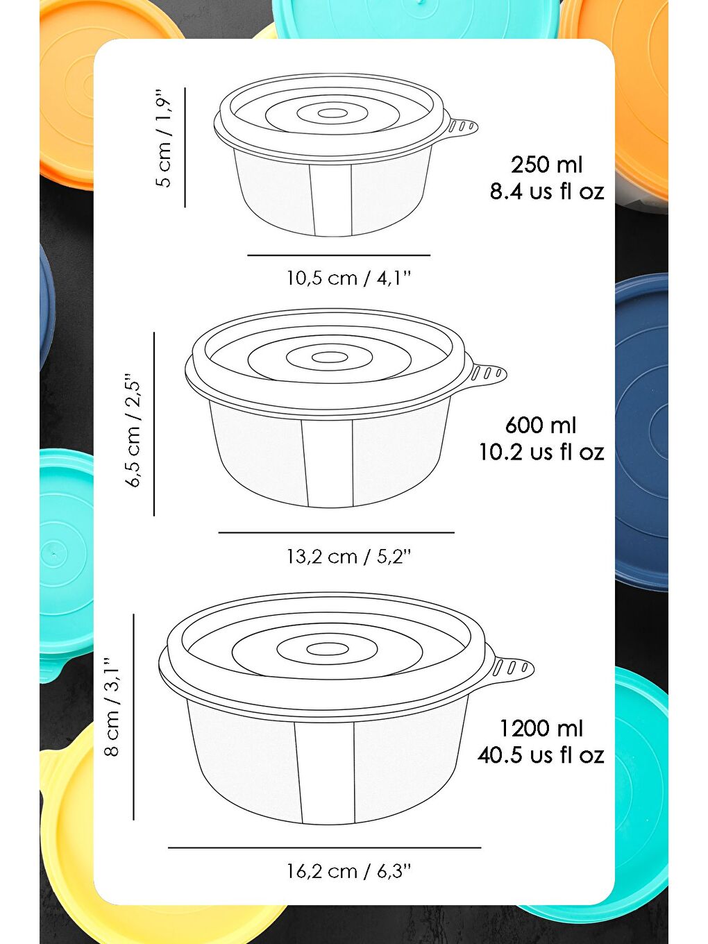 14'lü Yuvarlak Gıda Saklama Kabı Seti 8x250 4x600 2x1200 ml Sarı-6